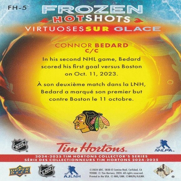 Connor Bedard  "Frozen Hot Shots" 2024/2025 Tim Hortons 10th Card - Number FH-5 - Picture 2 of 2